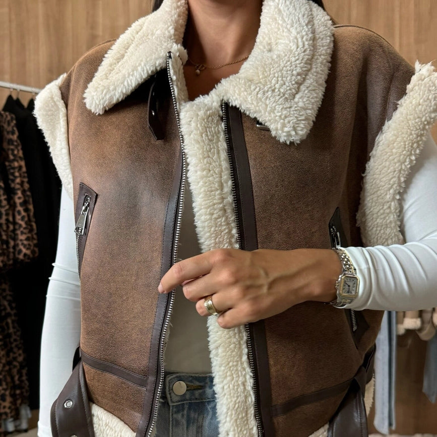Faux Suede Fur Fleece Waistcoat-Waistcoat-Rosa Clothing-S-Brown-Urbanheer