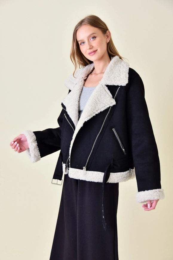 Faux Suede/Sherpa Moto Jacket-Jacket-Fore Collection-S-BLACK-Urbanheer