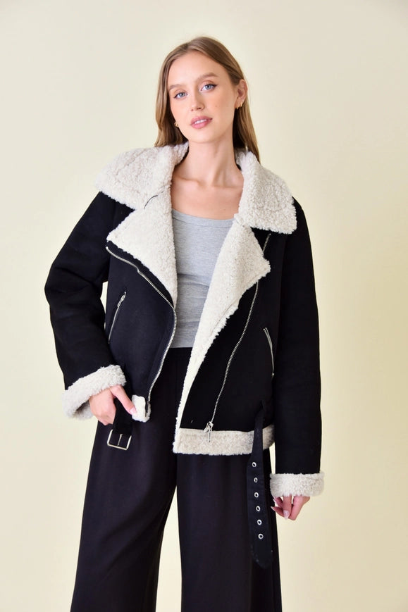 Faux Suede/Sherpa Moto Jacket-Jacket-Fore Collection-Urbanheer