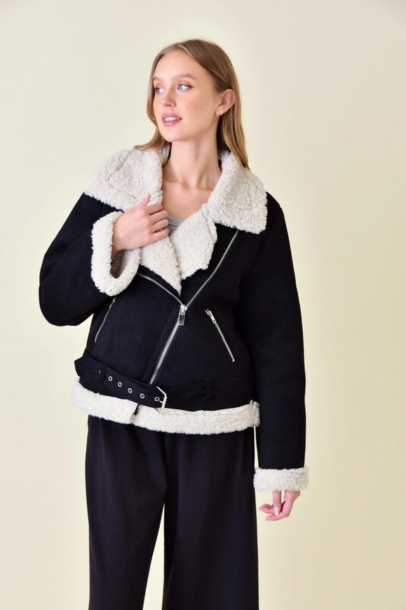 Faux Suede/Sherpa Moto Jacket-Jacket-Fore Collection-S-BLACK-Urbanheer