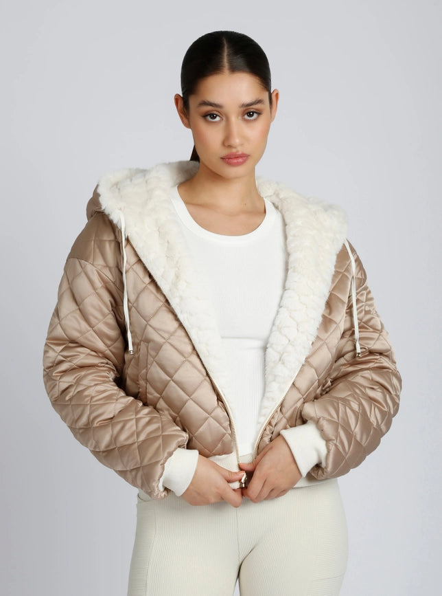 Fawn Reversible Faux Fur Hoodie - Taupe-Hoodie-Blanc Noir-M-White/Warm Taupe-Urbanheer