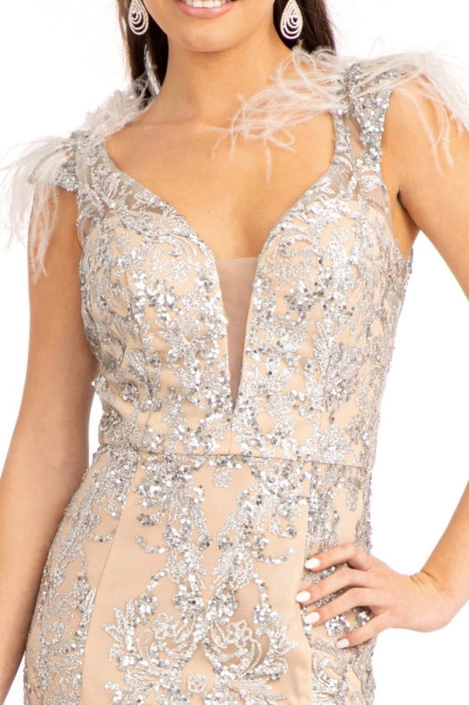 Feather Accented V-Neckline Embellished Mesh Dress Silver-Nude-Dress-Tux-USA®-XL-Urbanheer