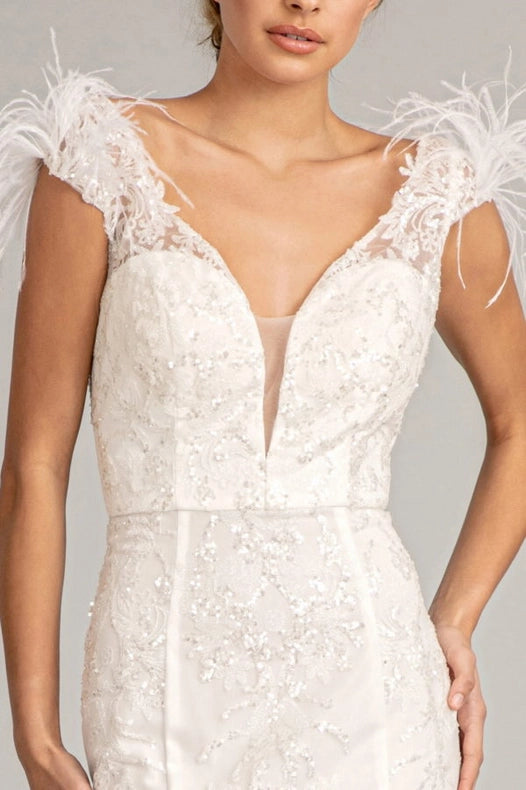 Feather Accented V-Neckline Embellished Mesh Dress White-Dress-Tux-USA®-XS-Urbanheer