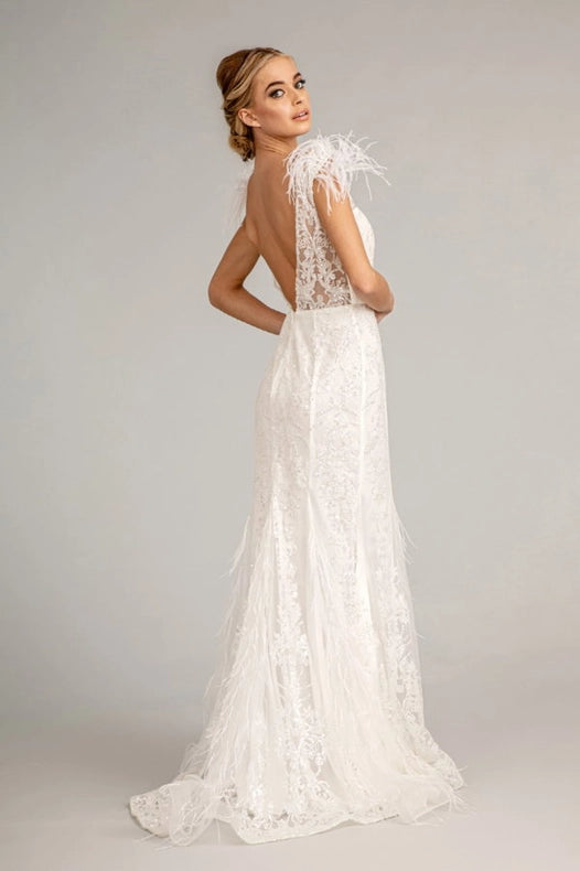 Feather Accented V-Neckline Embellished Mesh Dress White-Dress-Tux-USA®-XS-Urbanheer