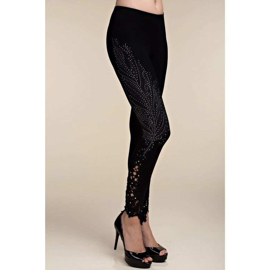 Feather Print Leggings with Stone and Lace-Leggings-VOCAL-S-BLACK-Urbanheer
