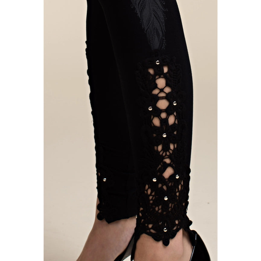 Feather Print Leggings with Stone and Lace-Leggings-VOCAL-S-BLACK-Urbanheer