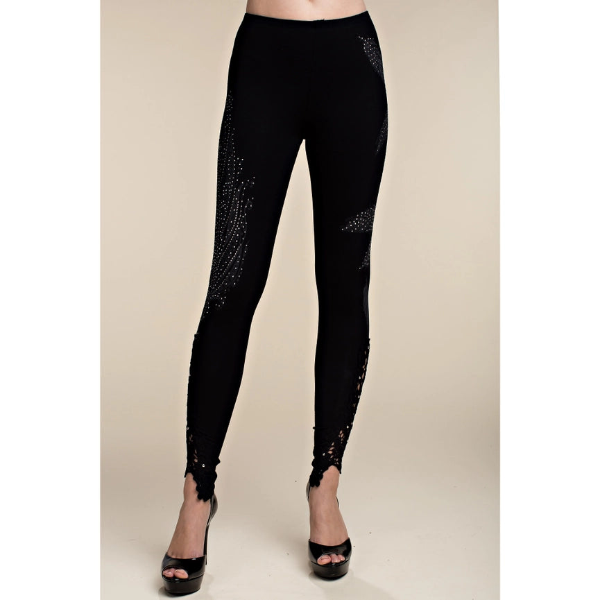 Feather Print Leggings with Stone and Lace-Leggings-VOCAL-S-BLACK-Urbanheer