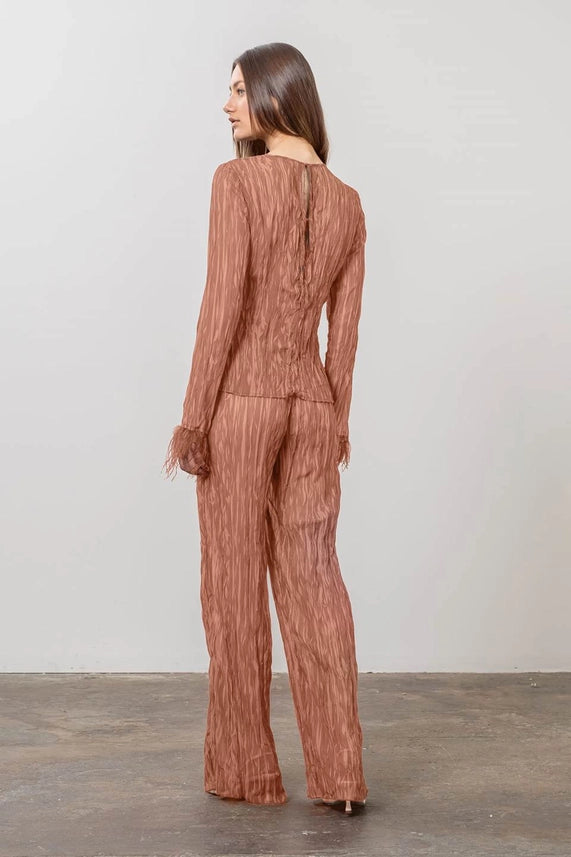 Feather Trim Crinkle Knit Long Sleeve Top-Top-Moon River-XS-TERRACOTTA-Urbanheer