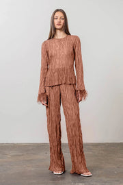 Feather Trim Crinkle Knit Long Sleeve Top-Top-Moon River-XS-TERRACOTTA-Urbanheer