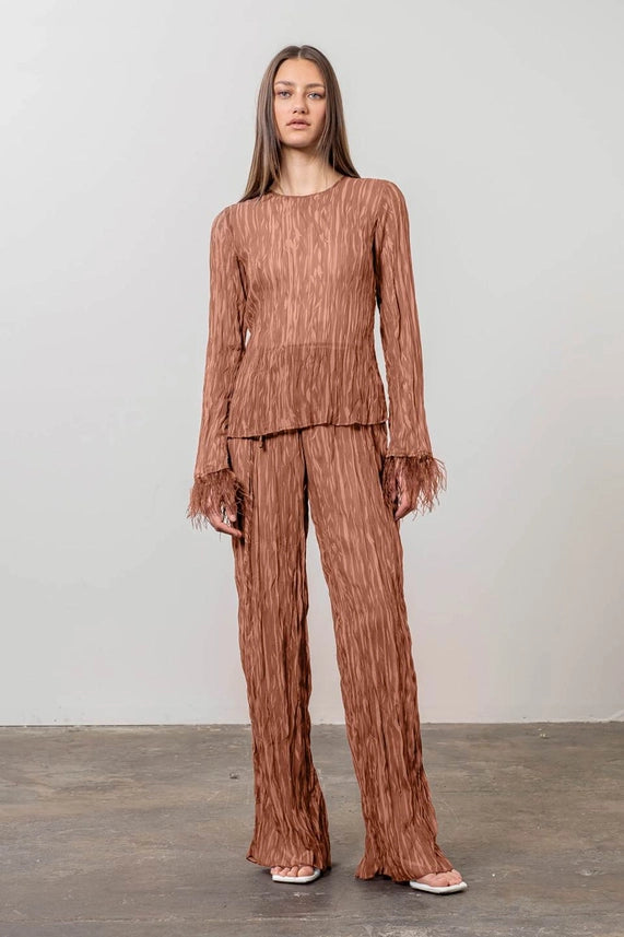 Feather Trim Crinkle Knit Long Sleeve Top-Top-Moon River-XS-TERRACOTTA-Urbanheer