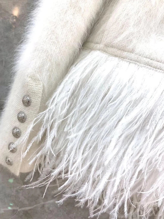 Feather Trim Luxe Blazer White-Blazer-Luxe & Leather by Madonna & Co-S-Urbanheer