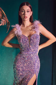 Feathered Iridescent Sequin Gown-Dress-Ladivine by Cinderella Divine-4-VIOLET-Urbanheer