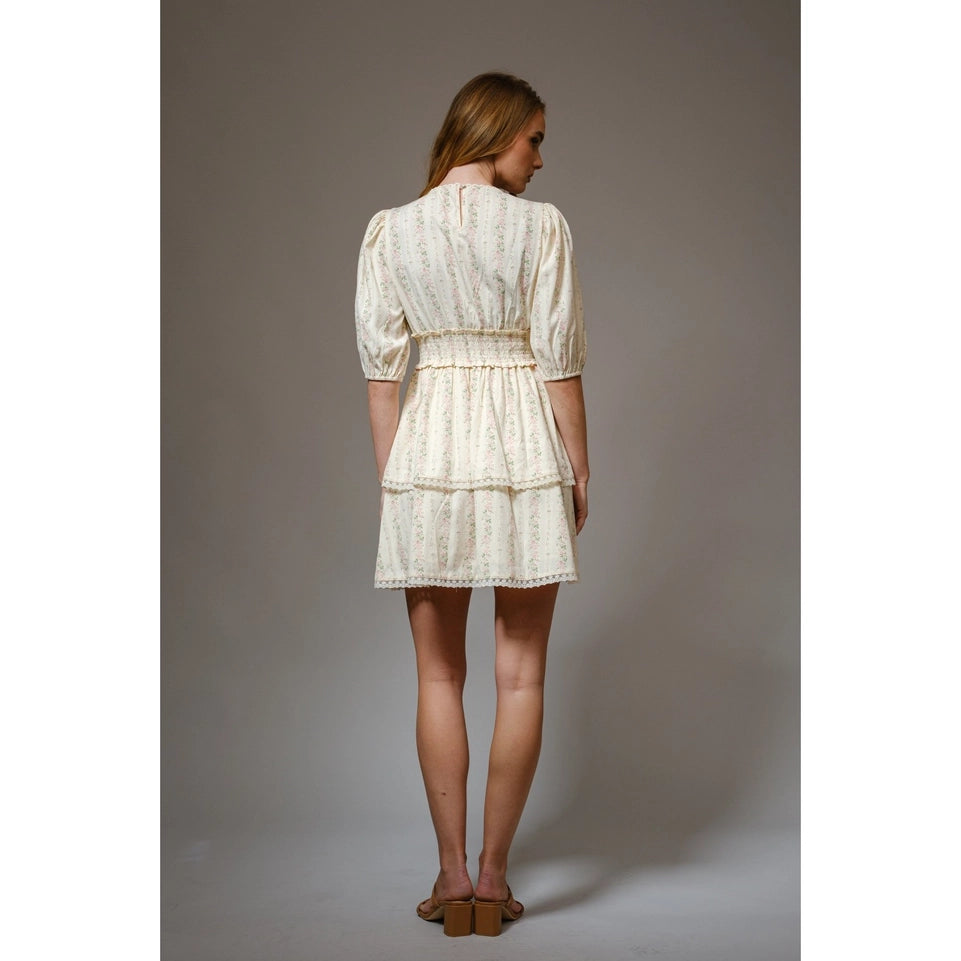 Feminine Floral Wrap Smocked Waist Mini Dress-Dress-Apolline-S-NATURAL MULTI-Urbanheer