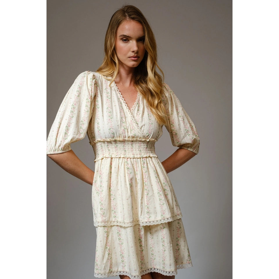 Feminine Floral Wrap Smocked Waist Mini Dress-Dress-Apolline-S-NATURAL MULTI-Urbanheer