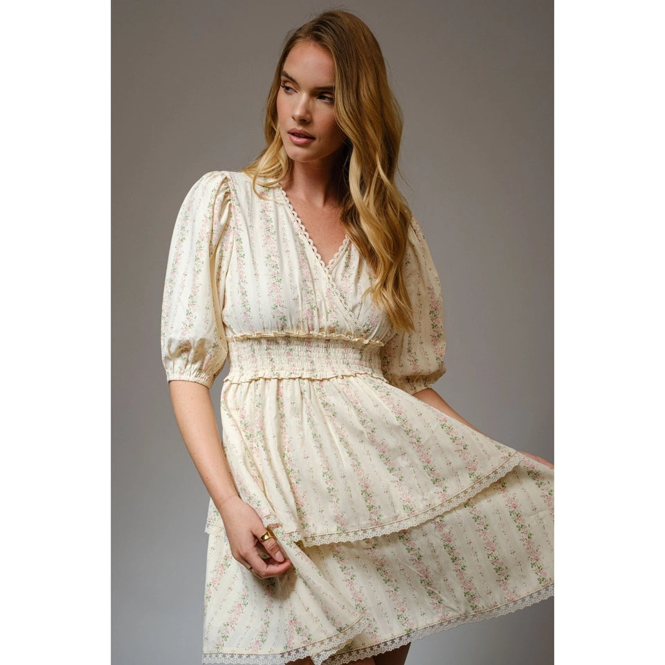 Feminine Floral Wrap Smocked Waist Mini Dress-Dress-Apolline-S-NATURAL MULTI-Urbanheer