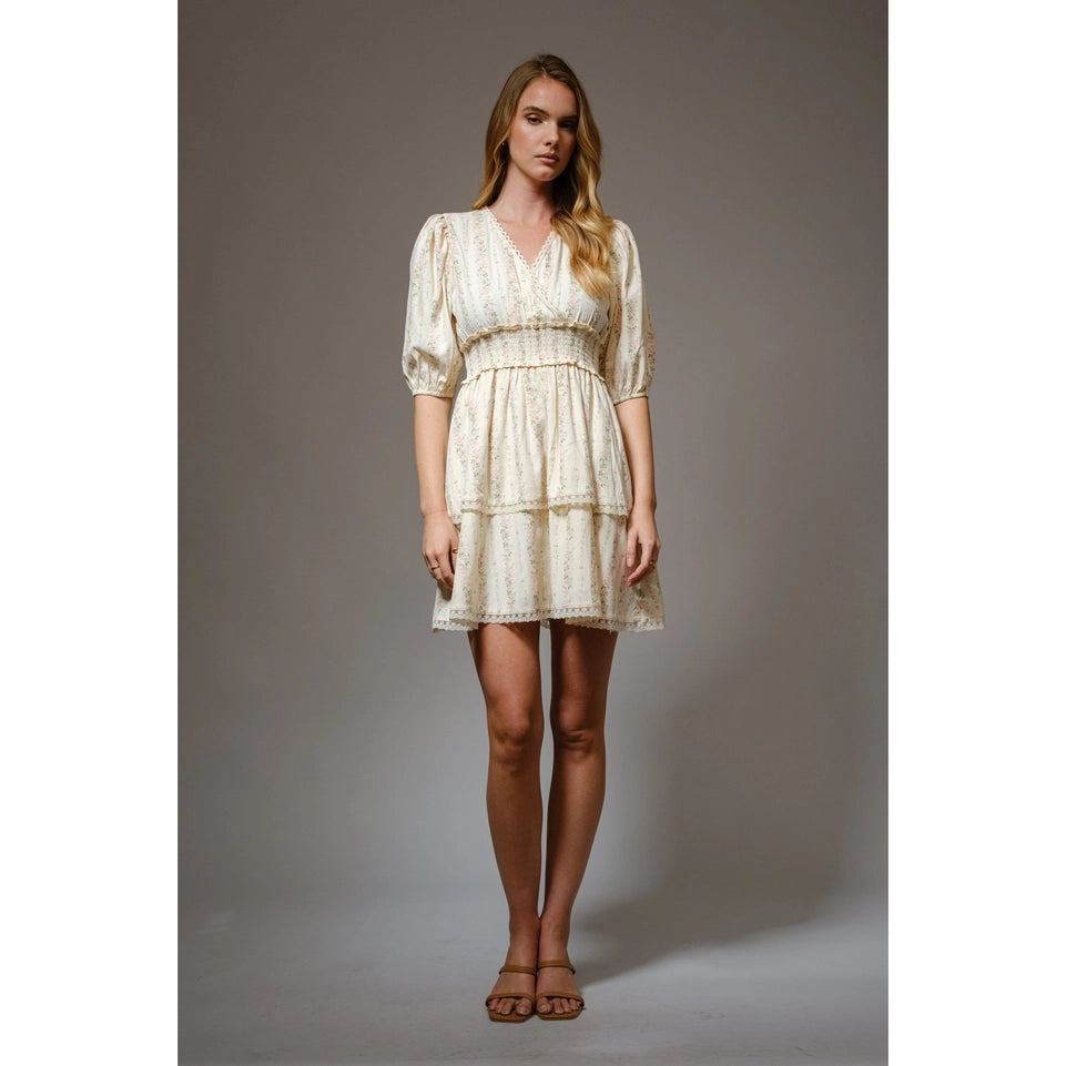 Feminine Floral Wrap Smocked Waist Mini Dress-Dress-Apolline-S-NATURAL MULTI-Urbanheer