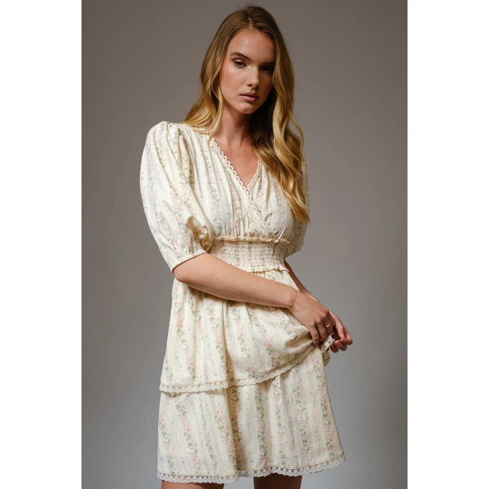 Feminine Floral Wrap Smocked Waist Mini Dress-Dress-Apolline-S-NATURAL MULTI-Urbanheer