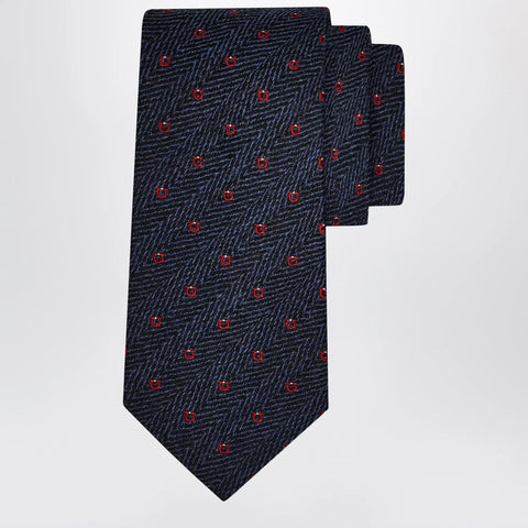 Ferragamo Navy Blue/Red Gancini Chevron Tie