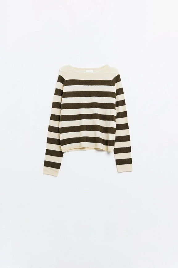 Fine Knit Sweater in Beige with Brown Stripes-Sweaters-Q2-S-Beige-Urbanheer