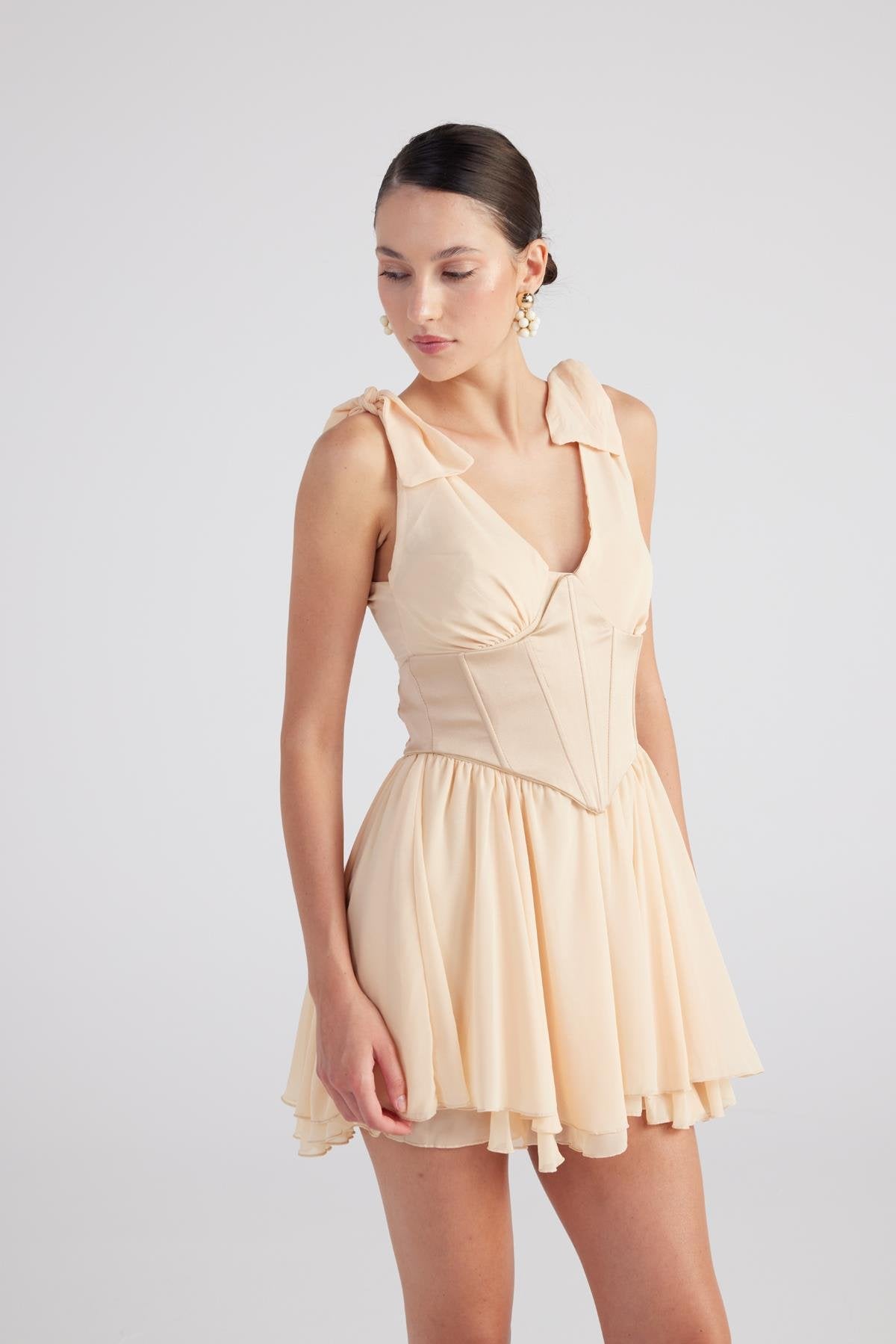 Fiona Beige Ruched Mini Dress with Pleated Skirt-A-Line Dresses-Buy Me Fur Ltd-Beige-XS-Polyester - Elastane Blend-Urbanheer