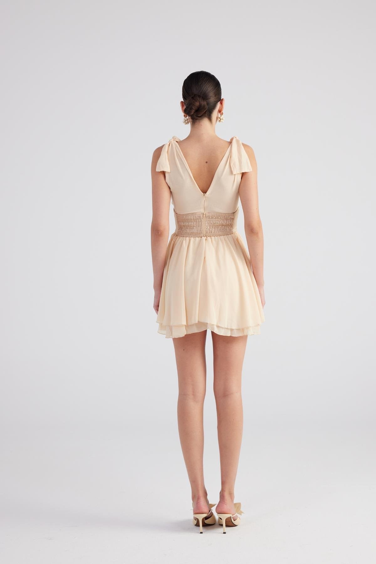 Fiona Beige Ruched Mini Dress with Pleated Skirt-A-Line Dresses-Buy Me Fur Ltd-Beige-XS-Polyester - Elastane Blend-Urbanheer
