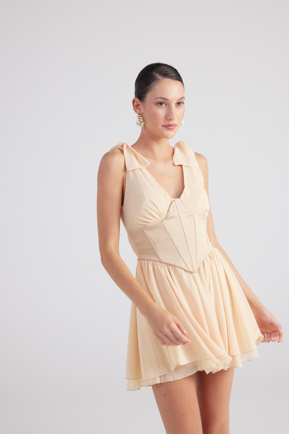 Fiona Beige Ruched Mini Dress with Pleated Skirt-A-Line Dresses-Buy Me Fur Ltd-Beige-XS-Polyester - Elastane Blend-Urbanheer