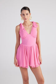 Fiona Pink Ruched Mini Dress with Pleated Skirt-A-Line Dresses-Buy Me Fur Ltd-Pink-XS-Polyester - Elastane Blend-Urbanheer