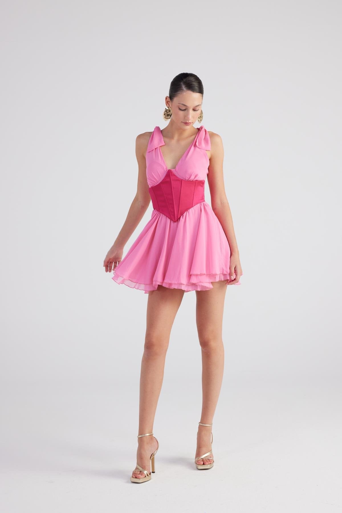 Fiona Pink Ruched Mini Dress with Pleated Skirt-A-Line Dresses-Buy Me Fur Ltd-Pink-XS-Polyester - Elastane Blend-Urbanheer