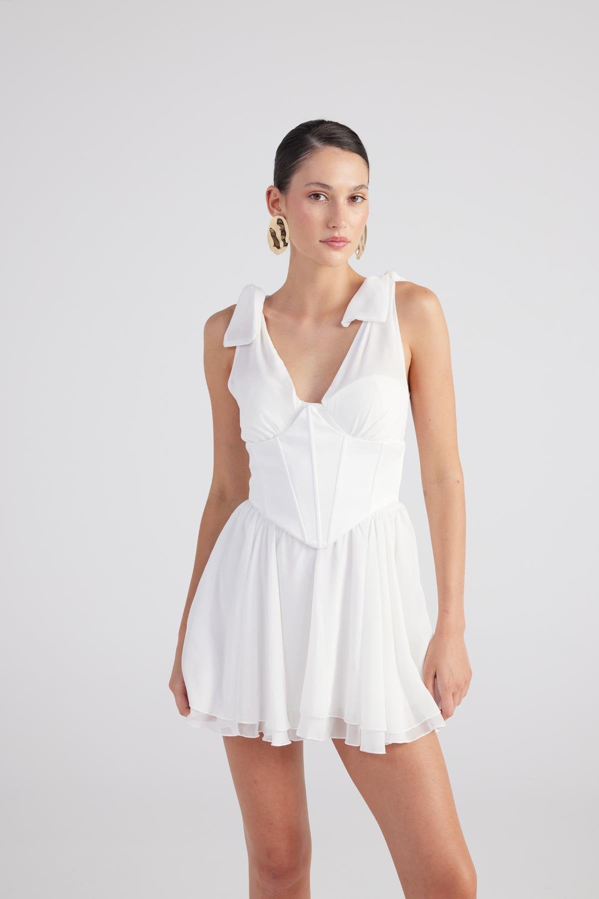 Fiona White Ruched Mini Dress with Pleated Skirt-A-Line Dresses-Buy Me Fur Ltd-White-XS-Polyester - Elastane Blend-Urbanheer