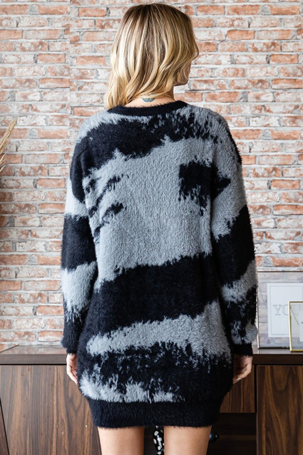 First Love Full Size Abstract Pattern Contrast Feather Yarn Sweater-Street 360-Black Multi-S-Urbanheer