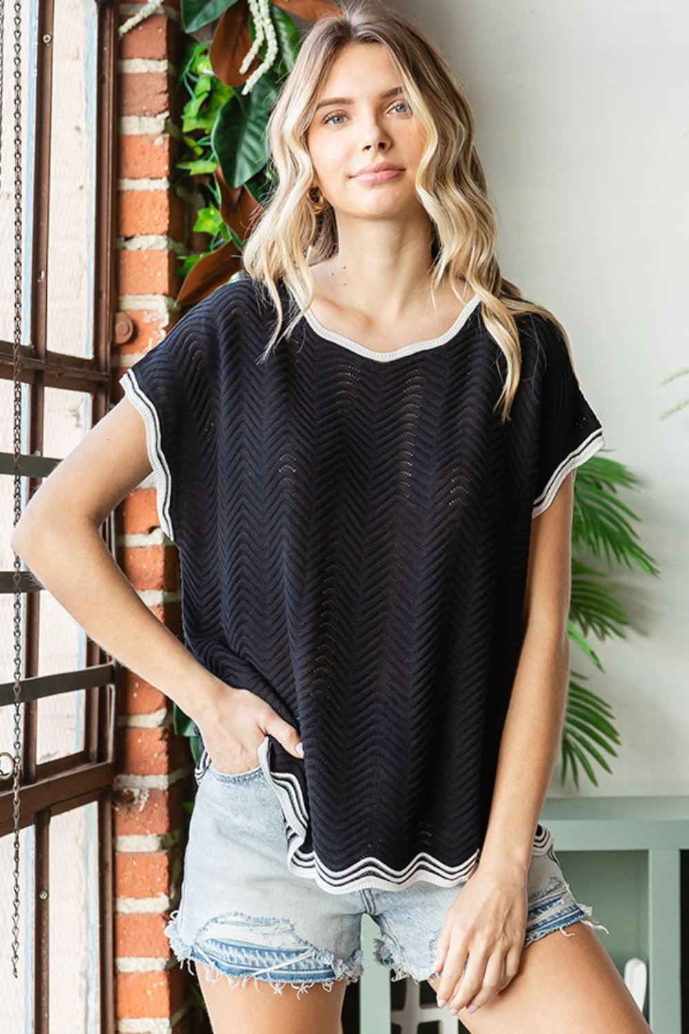 First Love Full Size Contrast Wavy Crochet Drop Shoulder Knit Top-Street 360-Black-S-Urbanheer