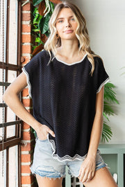 First Love Full Size Contrast Wavy Crochet Drop Shoulder Knit Top-Street 360-Black-S-Urbanheer