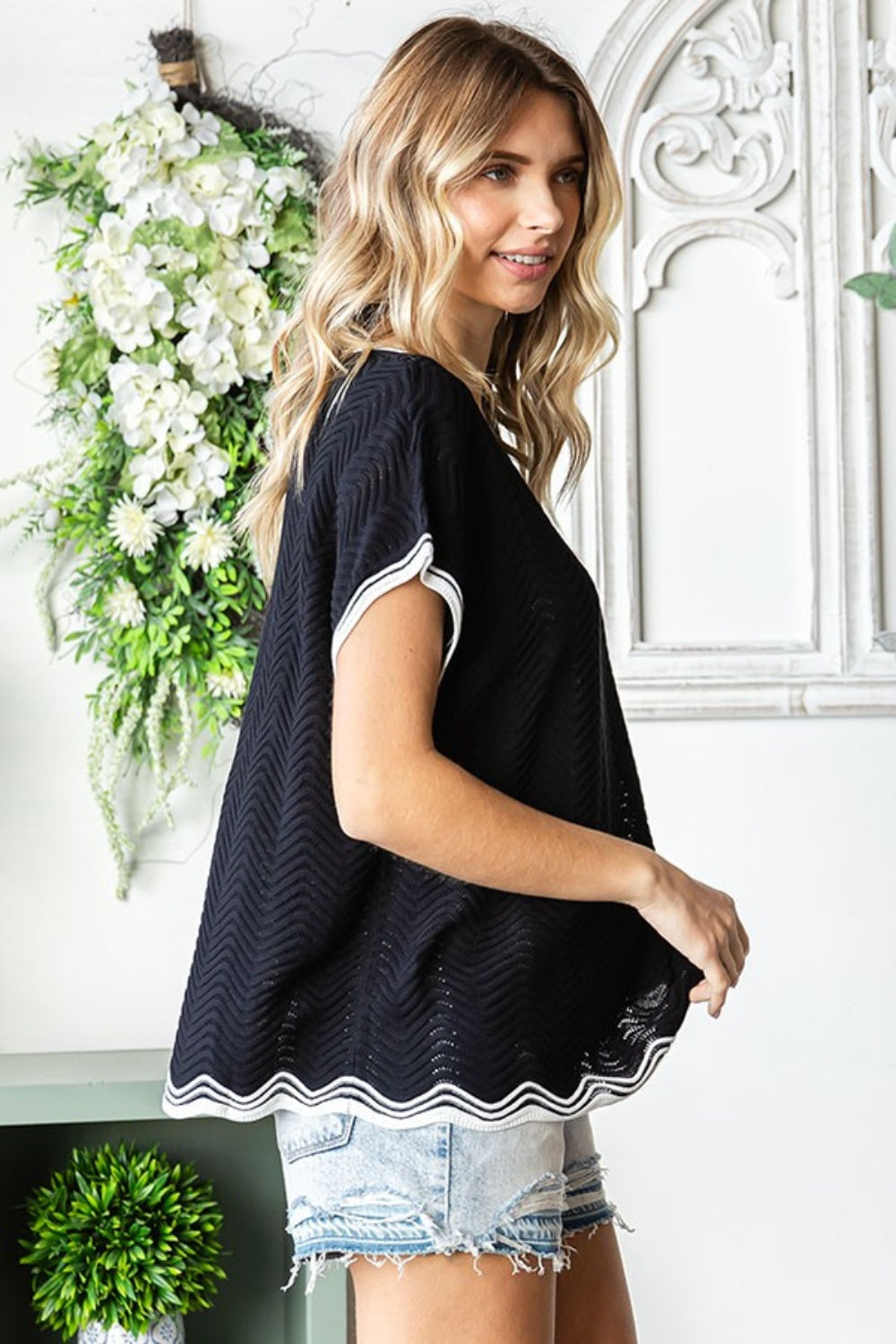 First Love Full Size Contrast Wavy Crochet Drop Shoulder Knit Top-Street 360-Black-S-Urbanheer