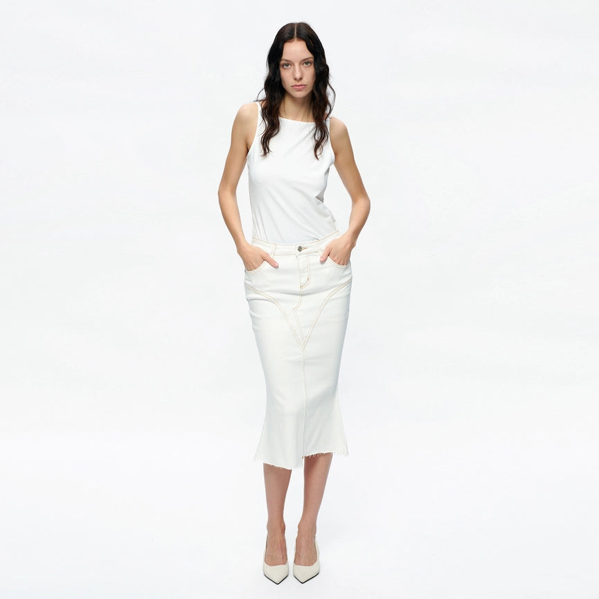 Fishtail Twill Midi Skirt(Raw Hem,Slit) CREAM-Skirt-BAYEAS-XS-CREAM-Urbanheer