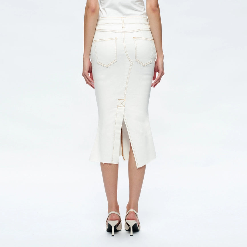 Fishtail Twill Midi Skirt(Raw Hem,Slit) CREAM-Skirt-BAYEAS-XS-CREAM-Urbanheer