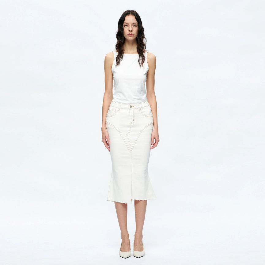 Fishtail Twill Midi Skirt(Raw Hem,Slit) CREAM-Skirt-BAYEAS-XS-CREAM-Urbanheer