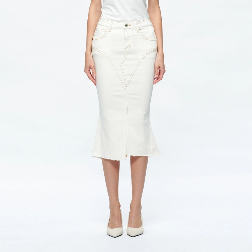 Fishtail Twill Midi Skirt(Raw Hem,Slit) CREAM-Skirt-BAYEAS-XS-CREAM-Urbanheer