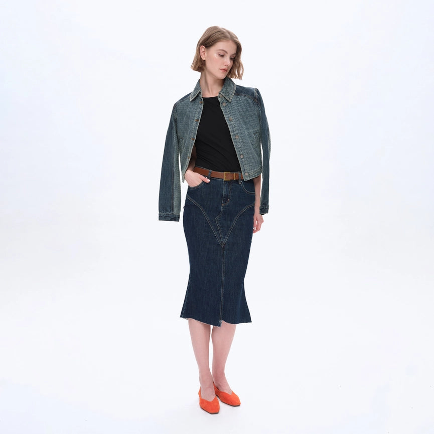 Fishtail Twill Midi Skirt(Raw Hem,Slit) DARK BLUE-Skirt-BAYEAS-XS-DARK BLUE-Urbanheer