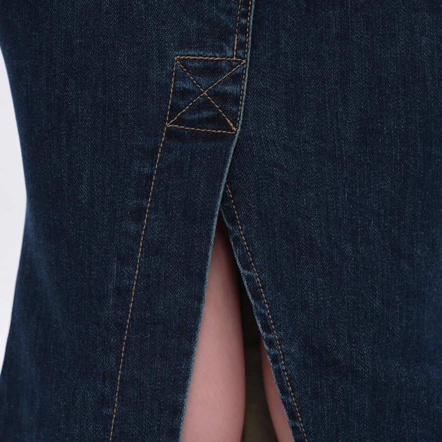 Fishtail Twill Midi Skirt(Raw Hem,Slit) DARK BLUE-Skirt-BAYEAS-XS-DARK BLUE-Urbanheer