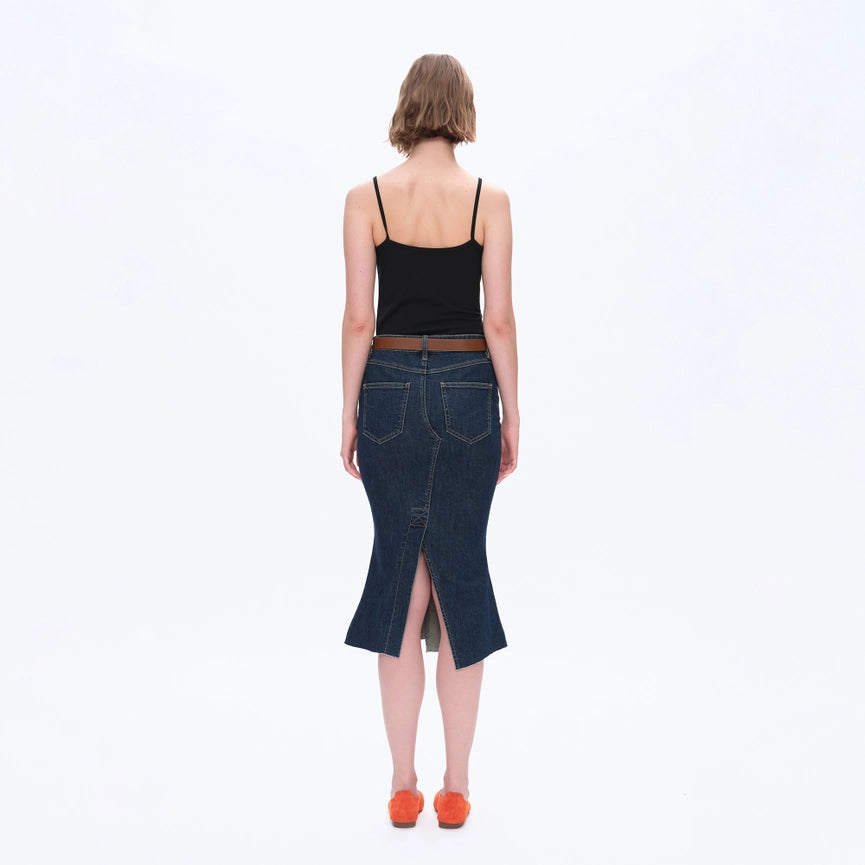 Fishtail Twill Midi Skirt(Raw Hem,Slit) DARK BLUE-Skirt-BAYEAS-XS-DARK BLUE-Urbanheer