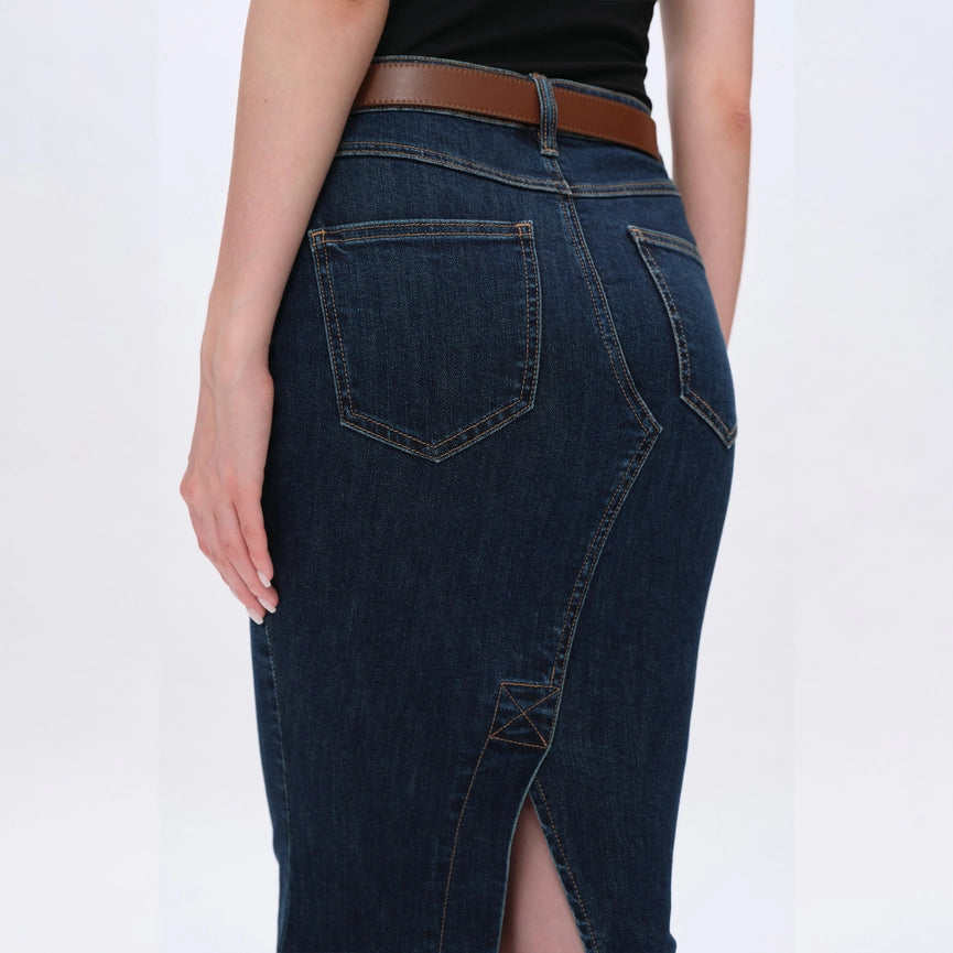 Fishtail Twill Midi Skirt(Raw Hem,Slit) DARK BLUE-Skirt-BAYEAS-XS-DARK BLUE-Urbanheer