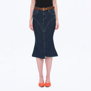 Fishtail Twill Midi Skirt(Raw Hem,Slit) DARK BLUE-Skirt-BAYEAS-XS-DARK BLUE-Urbanheer