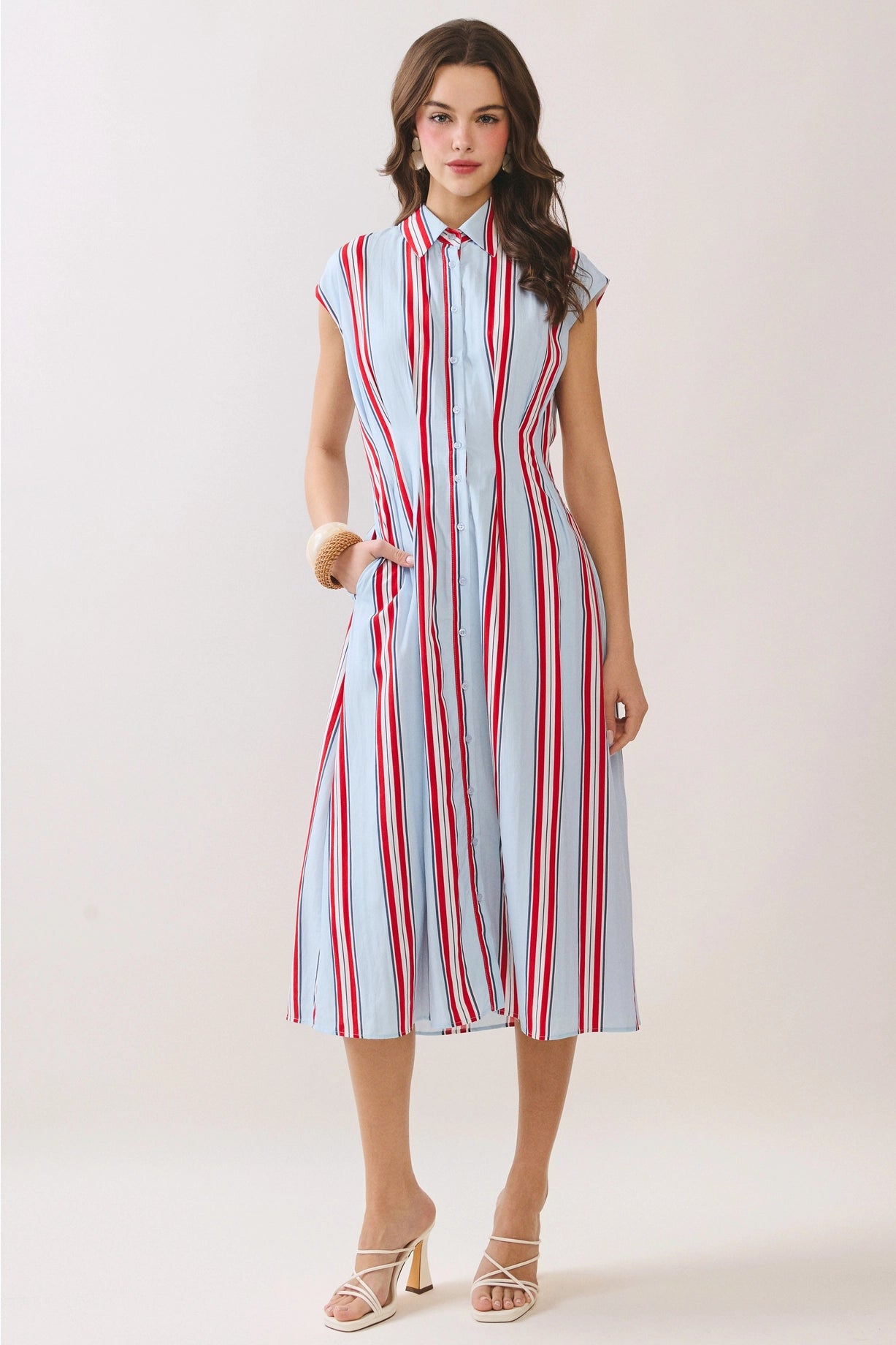 Fitted Bodice Striped Button Down Midi Dress