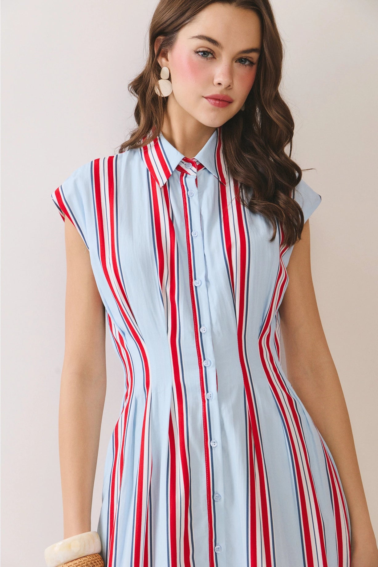 Fitted Bodice Striped Button Down Midi Dress