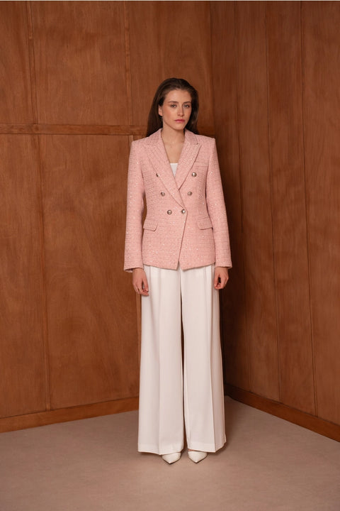 Fitted Double-Breasted Tweed Blazer with Subtle Threads