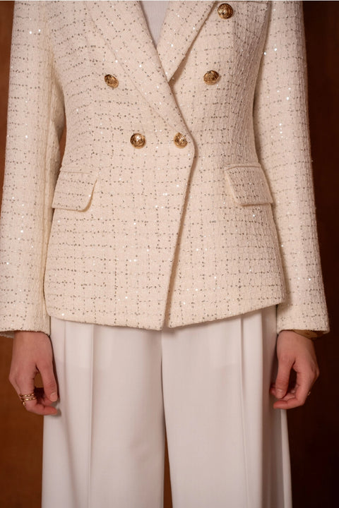 Fitted Double-Breasted Tweed Blazer with Subtle Threads