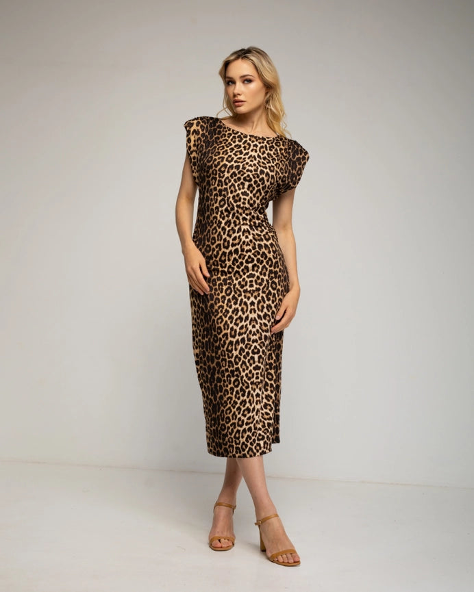 Fitted Midi Dress with Animal Print-Dress-Tantra-S-Brown-Urbanheer