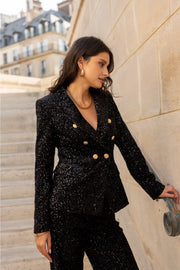 Fitted Sequin Blazer with Gold Buttons