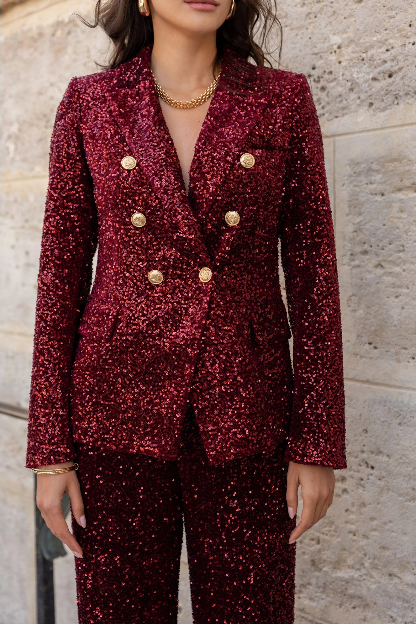 Fitted Sequin Blazer with Gold Buttons
