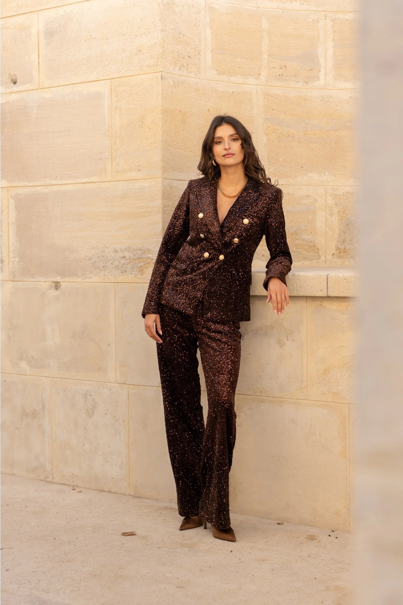 Fitted Sequin Blazer with Gold Buttons